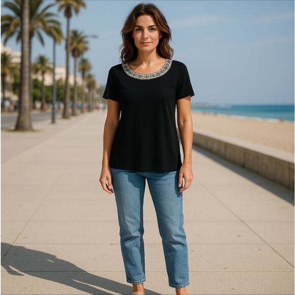 Karen Scott Black Embellished Short Sleeve Cotton Top Size L - Picture 2 of 9